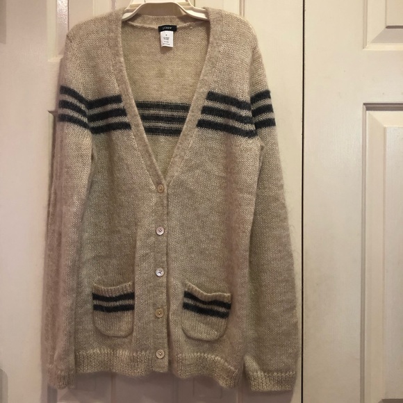J Crew Mohair Wool Blend Cardigan Size M Collegiate 3 stripe - Picture 1 of 6